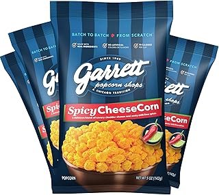 Garrett Popcorn Spicy CheeseCorn, 5.0oz, 4 Bags,​ Spicy Cheddar Popcorn, Gluten Free, Bold Snack, Popped Popcorn Bags