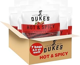 DUKE'S Pork Hot & Spicy Smoked Shorty Sausages, 7g Protein Per Serving, 2.5 oz. Snack Bags (Pack of 7)