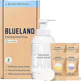 BLUELAND Hand Soap Starter Set, 1 Refillable Glass Foaming Hand Soap Dispenser with 4 Refill Tablets, Variety Scents, 4 x 9 Fl oz