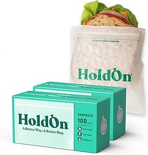 HoldOn Zipseal Sandwich Bags – Compostable, PFOA-Free, BPA-Free, Food-Safe Zip Seal Food Storage Bags With Secure Seal for Home & Travel, Freezer-safe (2-Pack, 200 bags total)