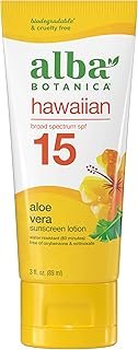 Alba Botanica Sunscreen for Face and Body, Hawaiian Aloe Vera Sunscreen Lotion, Broad Spectrum SPF 15, Water Resistant and Biodegradable, 3 fl. oz. Bottle