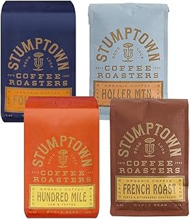 STUMPTOWN COFFEE ROASTERS Medium and Dark Roast Organic Whole Bean Coffee Bundle - French Roast, Founder's Blend, Hundred Mile, Holler Mountain, 48 Ounces (4 Bags of 12 Ounces)