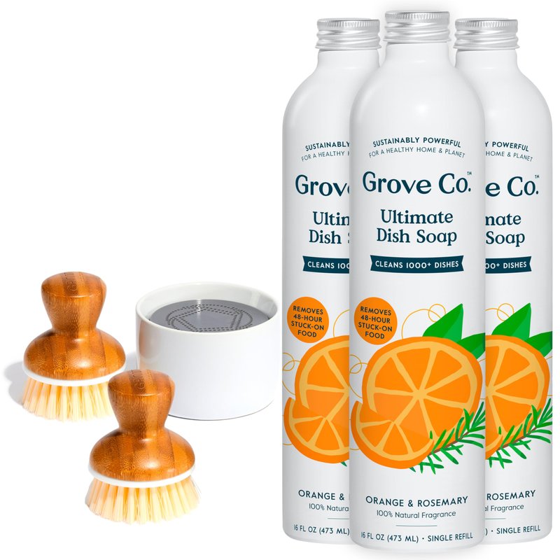 Grove Co. Ultimate Dish Soap Refills, Orange & Rosemary (3 x 16 Fl Oz) and Bubble-Up Dish Soap Dispenser & 2 Pack Brush Set Bundle