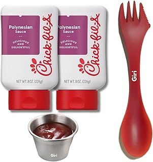 Chick-fil-a Polynesian Sauce 8 oz. (2-pack) Squeeze Bottle Resealable Container Bundle with Giri™ Plastic Spork and Stainless Steel Condiment Sauce Cups (3 Items)