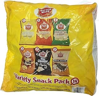 Better Made variety snack pack potato chips; 5-original, 5-bbq, 2-sour cream: popcorn; 2-cheddar cheese, 2-white cheddar, 2-movie; 15.75-ounce bag