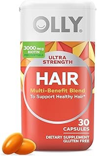 OLLY Ultra Strength Hair Softgels, Supports Hair Health, Biotin, Keratin, Vitamin D, B12, Hair Supplement, 30 Day Supply - 30 Count (Packaging May Vary)