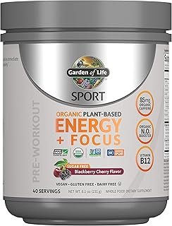 Garden of Life Sport Organic Plant-Based Energy + Focus Vegan Clean Pre Workout Powder, Sugar & Gluten Free BlackBerry Cherry with 85mg Caffeine, Natural NO Booster, B12, 40 Servings, 8.14 Oz