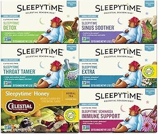 Celestial Seasonings Wellness Tea Sleepytime Variety Pack, Detox, Sinus Soother, Throat Tamer, Sleepytime Extra, Honey, Immune Boost, Caffeine Free Sleep Tea, 20 Tea Bags (Pack of 6)