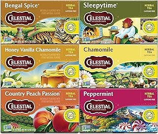 Celestial Seasonings Herbal Tea Variety Pack, Bengal Spice, Sleepytime, Honey Vanilla Chamomile, Country Peach Passion, Peppermint & Chamomile, Caffeine Free, 20 Tea Bags (Pack of 6)