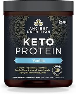 Ancient Nutrition Keto Protein Powder, KetoPROTEIN with Fats from Bone Broth and MCT Oil, Vanilla, 18g Protein 11g Fat Per Serving, Gluten Free, 17 Servings