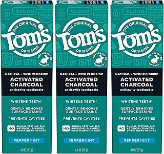 Tom's of Maine Activated Charcoal Whitening Toothpaste with Fluoride, Peppermint, 4.7 oz. 3-Pack (Packaging May Vary)