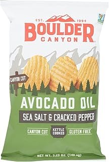 Boulder Canyon Avocado Oil Canyon Cut Kettle Cooked Potato Chips, Sea Salt and Cracked Pepper, 5.25 Ounce (Pack of 12)