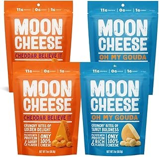 Moon Cheese 100% Cheese, Low-carb 2 oz, Keto-Friendly, high protein 4 Pack (2 Cheddar, 2 Gouda) snack alternative to protein bars, cookies, and shakes