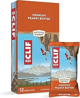 CLIF Bar Energy Bars - Crunchy Peanut Butter - Made with Organic Oats - Plant Based Food - Vegetarian - Kosher (2.4 Ounce Protein Bars, 12 Count) Packaging May Vary