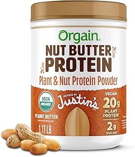 Orgain X Justin's ® Organic Vegan Nut Butter Protein Powder, Peanut Butter- 20g Plant Protein, 2g Sugar, Gluten Free, No Dairy, Soy Ingredients, or Artificial Flavors, 1.17 lb