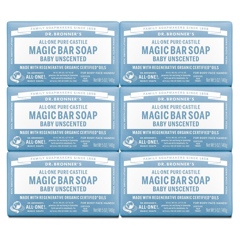 Dr. Bronner's Pure-Castile Magic Bar Soap (Baby Unscented, 5 oz, 6-Pack) - Made with Regenerative Organic Certified Oils, For Face, Body & Hair, Gentle for Sensitive Skin - Vegan, Non-GMO