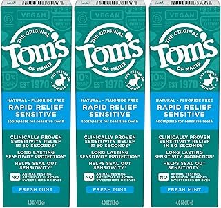 Tom's of Maine Fluoride-Free Rapid Relief Sensitive Toothpaste, Fresh Mint, 4 oz. 3-Pack (Packaging May Vary)