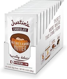 Justin's Chocolate Hazelnut & Almond Butter Squeeze Pack, Organic Cocoa, Gluten-free, Responsibly Sourced, Packaging May Vary, 1.15 Ounce (Pack of 10)