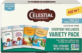Celestial Seasonings Everyday Wellness Tea Variety Pack, Caffeine Free, 16 Tea Bags Box
