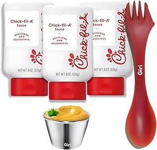 Chick-fil-a Orginal Sauce 8 oz. (3-pack) Squeeze Bottle Resealable Container Bundle with Giri™ Plastic Spork and Stainless Steel Condiment Sauce Cup (3 Items)