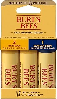 Burt's Bees Moisturizing Lip Balm, 2 Original Beeswax and 1 Vanilla Bean, 100% Natural Origin, 0.34 Ounce Each, 3 Paper Tubes, Pack May Vary