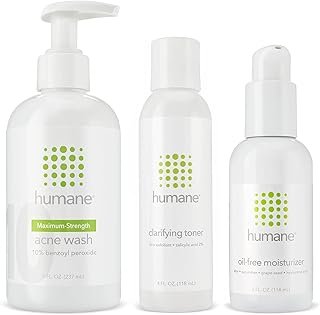 humane Maximum-Strength Acne Wash, Clarifying Toner, and Oil-Free Moisturizer Bundle - 10% Benzoyl Peroxide Acne Treatment