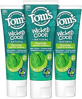 Tom's of Maine ADA Approved Wicked Cool! Fluoride Children's Toothpaste, Natural Toothpaste, Dye Free, No Artificial Preservatives, Mild Mint, 5.1 oz. 3-Pack