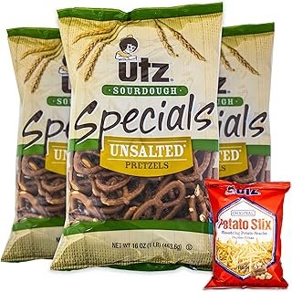 Utz Sourdough Specials Unsalted Pretzels (3, 16oz bags) - Variety Pack - Utz Potato Stix (1, 3.75oz bag) - Delicious, Crunchy, Gourmet Pretzels - 4 Items Total