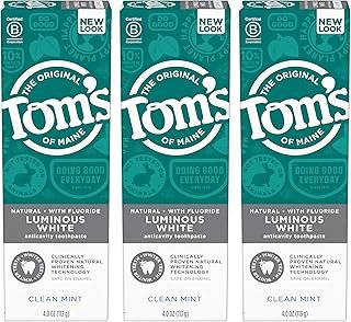 Tom's of Maine Natural Luminous White Toothpaste with Fluoride, Clean Mint, 4.0 oz. 3-Pack