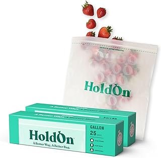 HoldOn HoldOn Zipseal Gallon Bags - Compostable, PFOA-Free, BPA-Free, Food-Safe Zip Seal Food Storage Bags/Freezer-Safe Gallon Bags With Secure Seal for Home & Travel (2-pack, 50 bags total)