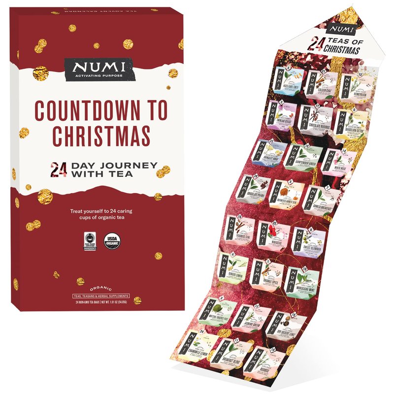 Numi Organic Tea Advent Calendar 2025 – 24 Days of Organic Fair Trade Teas – Christmas Countdown Gift Set with Aged Earl Grey, Moroccan Mint, Rooibos Chai, White Rose, Chocolate Pu-erh & More – Holiday Variety Sampler for Tea Lovers