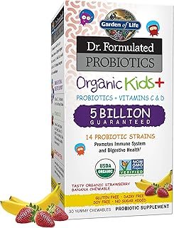 Garden of Life Kids Probiotics, Dr. Formulated Probiotics Organic Kids+ Vitamin C & D, Strawberry Banana, Gluten Dairy & Soy Free Immune & Digestive Health Supplement, 30 Chewables