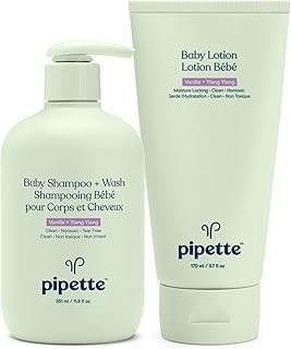 Pipette Baby Bathtime Bundle - Vanilla + Ylang Ylang Shampoo + Wash and Baby Lotion, Tear-Free, Hydration & Natural Moisture of Baby's Delicate Skin, Renewable Plant-Derived Squalane, Sulfate Free