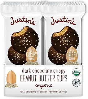 Justins's Organic Crispy Dark Chocolate Peanut Butter Cups, Rainforest Alliance Certified Cocoa, Gluten-free, Responsibly Sourced, 12 Pack (2 cups each)