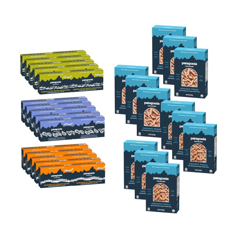 Patagonia Provisions Easy Meals Bulk Bundle | 30 Tinned Fish, 12 Pasta | Smoked Mussels, Tomato Sardines, Lemon Anchovies, Penne, Fusilli