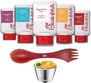 Chick-fil-a Sauce Variety Pack: Original, Polynesian, Honey Mustard, Barbeque, and Garden Herb Ranch 8 oz. (5-pack) Bundle with Giri™ Plastic Spork and Stainless Steel Condiment Sauce Cup (3 Items)
