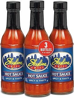 Skyline Chili Hot & Spicy Sauce – Unique Cincinnati Restaurant-Style Secret Recipe with Tabasco, Cayenne, and Jalapeño Peppers, Gourmet Chili Sauce for Coneys & Spaghetti – 3 Bottles, 6 oz Each