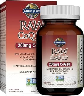 Garden of Life CoQ10 200mg, Vegetarian Omega 3 6 9 Supplement Raw Co Q 10 Chia Seed Oil, Whole Food Nutrition with Antioxidant Support, Coenzyme q10 Supplement for Heart Health, 60 Capsules