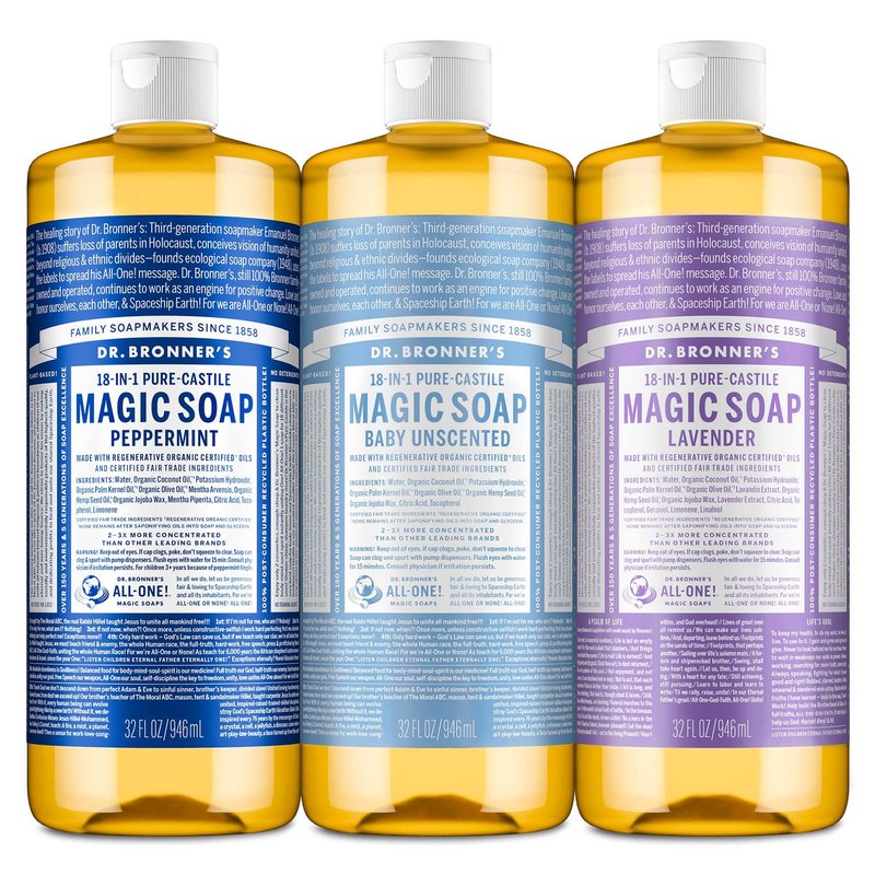Dr. Bronner's Pure-Castile Magic Liquid Soap Made with Regenerative Organic Oils, Vegan, Concentrated, Body Wash- For Face, Hair, Laundry - 32oz Variety 3-Pack (Peppermint, Baby Unscented, Lavender)