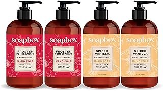 Soapbox Winter Hand Soaps, Spiced Vanilla & Frosted Pomegranate Liquid Hand Soap, Moisturizing Soap, Shea Butter & Aloe, Pack of 4, 12oz