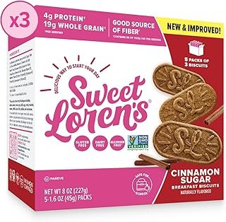 Sweet Loren's Vegan Breakfast Biscuits | Cinnamon Sugar | 4g Protein, 19g Whole Grains | Plant Based, Gluten Free, Dairy Free, Nut Free Snacks | 3 Pack (15 Total Biscuits, 1.6 ounce each)