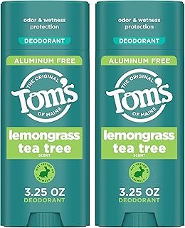 Tom’s of Maine Lemongrass Tea Tree Aluminum Free Natural Deodorant For Women & Men | Goes on Clear | Odor & Wetness Protection | Naturally Derived and Moisture-Locking Ingredients | 3.25 oz (2 Pack)